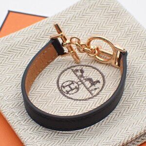 HERMES logo Croisiere Bracelet Leather Black Rose Gold France 73RL489